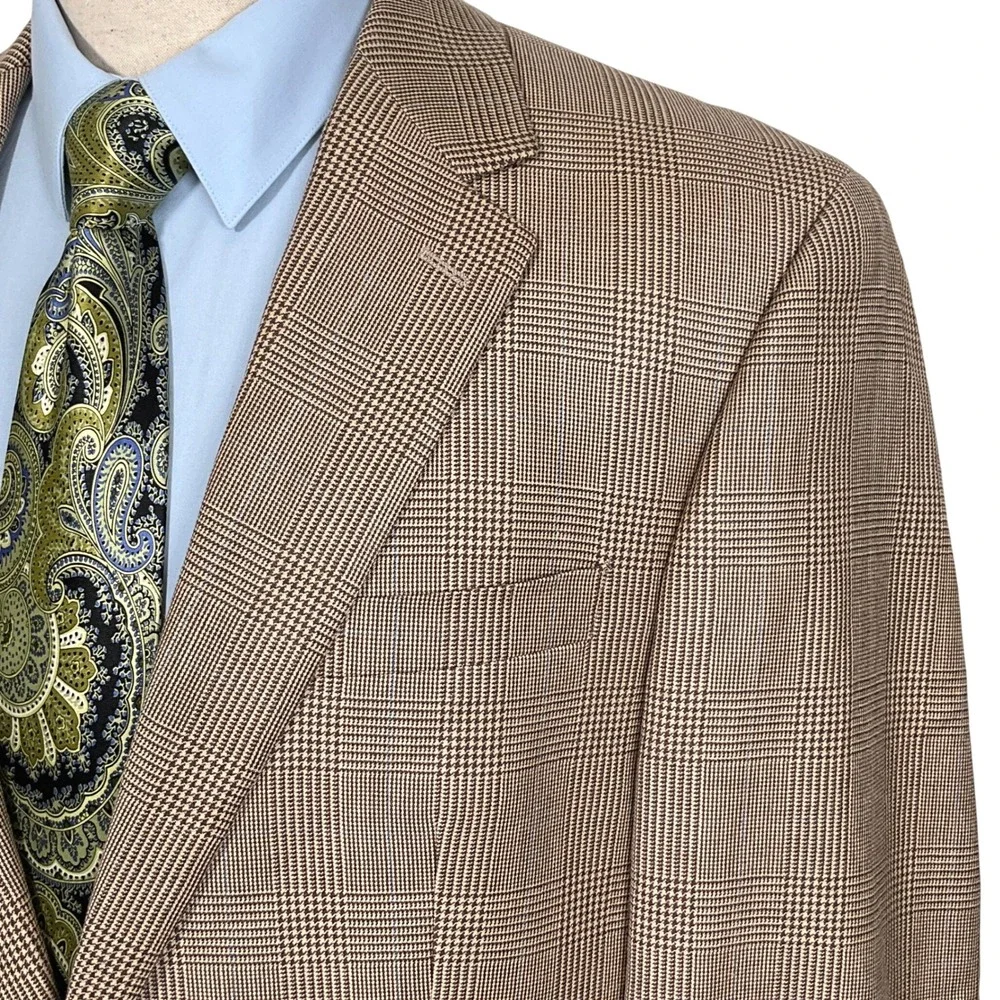 Lauren Ralph Lauren Blazer‎ 44L Brown Blue Glen Plaid Silk Wool Classic Jacket